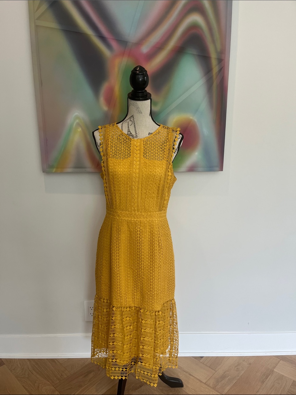 Tahari Yellow Crochet Midi Dress